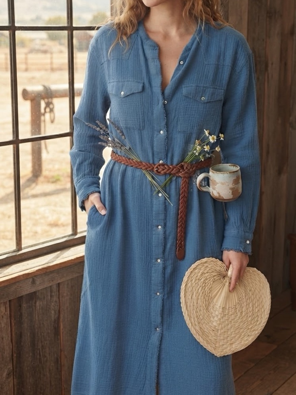 Easel Blue Long Button-Front Dress 100% Cotto